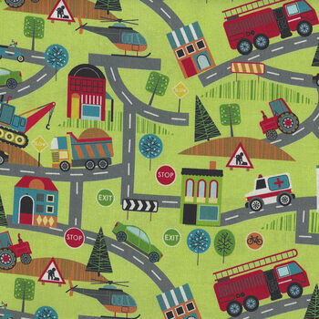 Around Town Road Map By Nutex Fabric Cotton 80320 Colour 103 green