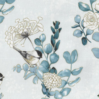 Chickadee Cheer By Hoffman Fabric HV7173 D007G Dusty Blue and Gold Metallic