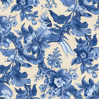 Chinoiserie Linen Base Cloth 137cm Width DV3483 Blue on Off White