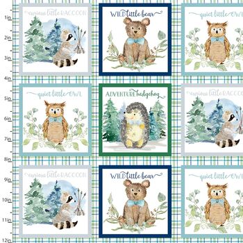 Forest Friends From 3 Wishes Fabric FT18681 Multi Plaid Patch with Text Blue