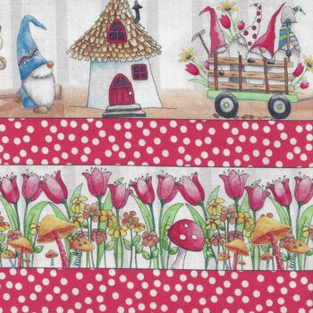 Gnomesville by Desiree Designs for QT Fabrics 164927662R RedWhite Border Print