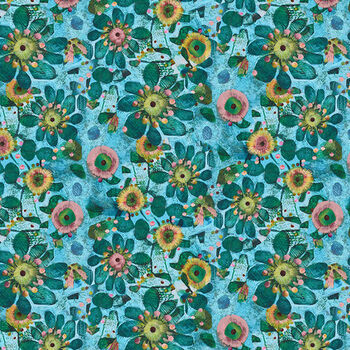 Land39Heure Bleue by Este MacLeod For Free Spirit PWSE030 Fleur Turquoise