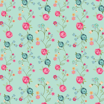 Poppie Cotton Calico Cowgirls by Lori Woods CW24817 Floral and Vines Teal