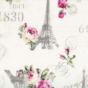 Ruru Bouquet By Quiltgate Fabrics RU2370 12A WhitePink RosesEiffel TowerText