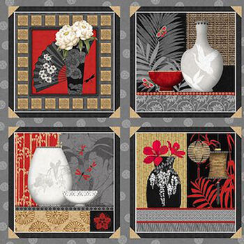  Narumi Blocks With Vases Japanese Fabric Panel by Blank Quilting BQ9926 095 Gray